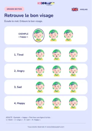 Reconnaître une émotion entendue en anglais en GS — fiche enfant