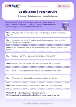 reconstituer et lire le dialogue de Lila et Noé au CE2 — aperçu de la fiche CE2 à imprimer