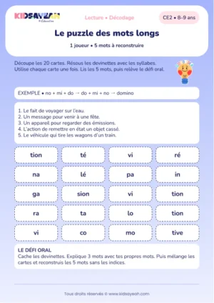 reconstruire cinq mots longs avec des syllabes au CE2 — aperçu de la fiche CE2 à imprimer