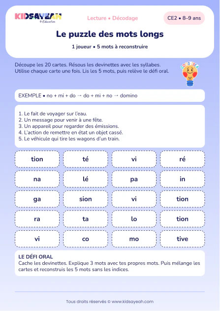 reconstruire cinq mots longs avec des syllabes au CE2 — aperçu de la fiche CE2 à imprimer