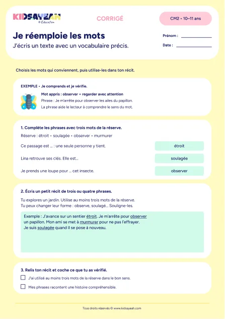 Corrigé - réemploi du vocabulaire CM2 fiche à imprimer