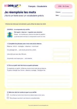 réemploi du vocabulaire CM2 fiche à imprimer - fiche élève