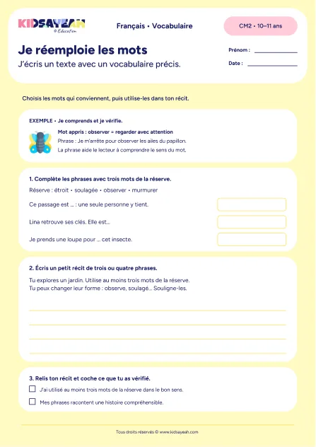réemploi du vocabulaire CM2 fiche à imprimer - fiche élève