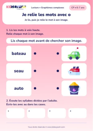 Relier bateau, seau et auto puis écrire au au CP — aperçu de la fiche à imprimer