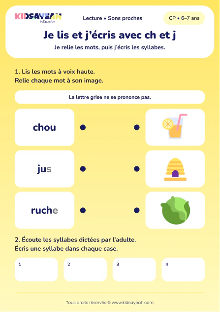 relier chou, jus et ruche, puis écrire ch et j au CP — fiche CP à imprimer