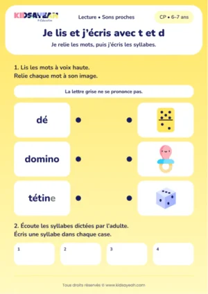 relier dé, domino et tétine, puis écrire t et d au CP — fiche CP à imprimer