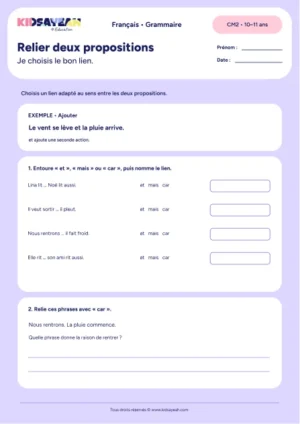 relier deux propositions avec et mais ou car au CM2 - fiche élève