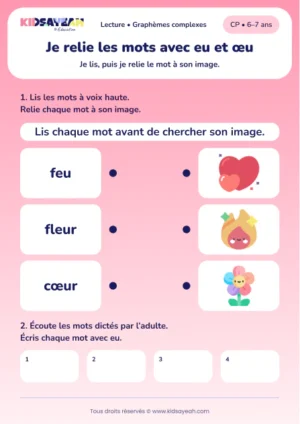 Relier feu, fleur et cœur puis écrire des mots avec eu au CP — aperçu de la fiche à imprimer