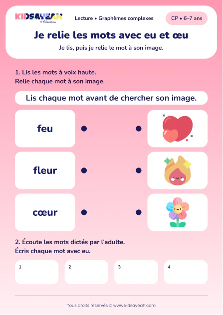 Relier feu, fleur et cœur puis écrire des mots avec eu au CP — aperçu de la fiche à imprimer
