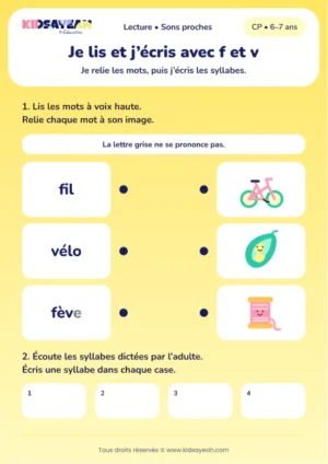 relier fil, vélo et fève, puis écrire f et v au CP — fiche CP à imprimer