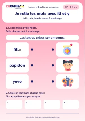 Relier fille, papillon et yoyo puis copier les mots au CP — aperçu de la fiche à imprimer