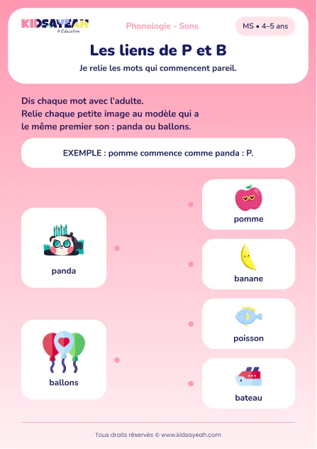 Relier les mots commençant par P ou B en MS — aperçu de la fiche à imprimer