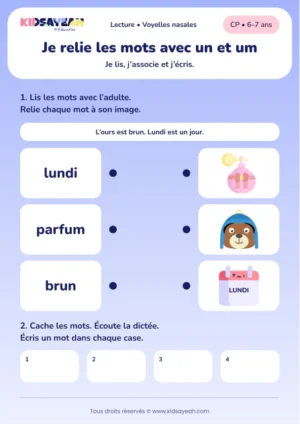 Relier lundi, parfum et brun puis les écrire au CP — aperçu de la fiche à imprimer