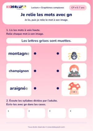 Relier montagne, champignon et araignée puis écrire gn au CP — aperçu de la fiche à imprimer
