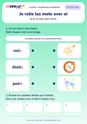 Relier noix, étoile et poire puis écrire oi au CP — aperçu de la fiche à imprimer