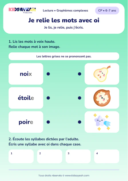 Relier noix, étoile et poire puis écrire oi au CP — aperçu de la fiche à imprimer