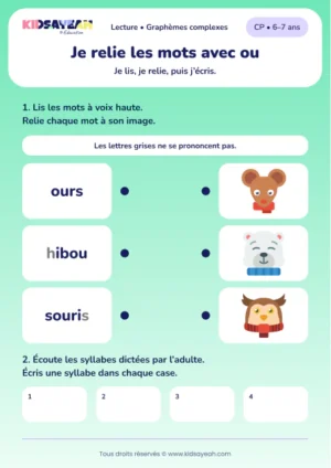 Relier ours, hibou et souris puis écrire ou au CP — aperçu de la fiche à imprimer