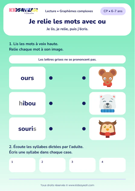 Relier ours, hibou et souris puis écrire ou au CP — aperçu de la fiche à imprimer