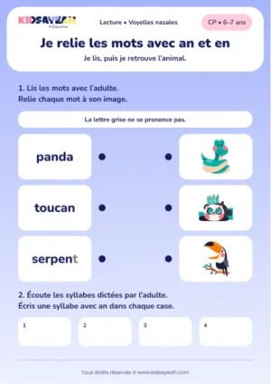 Relier panda, toucan et serpent puis écrire an au CP — aperçu de la fiche à imprimer
