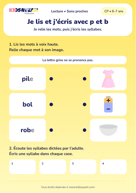 relier pile, bol et robe, puis écrire p et b au CP — fiche CP à imprimer