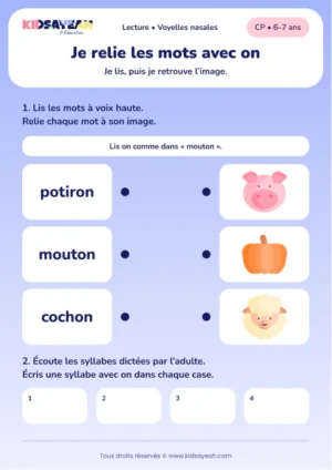 Relier potiron, mouton et cochon puis écrire on au CP — aperçu de la fiche à imprimer