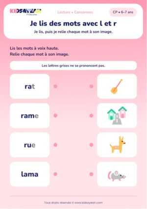 relier rat, rame, rue et lama à leur image au CP — fiche CP à imprimer