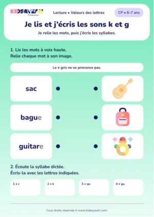 Relier sac, bague et guitare puis écrire c, k, qu et gu au CP — aperçu de la fiche à imprimer