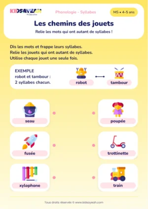 Relier seau, fusée et xylophone selon leurs syllabes en MS — aperçu de la fiche à imprimer