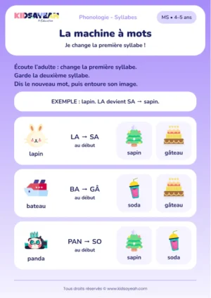 Remplacer une syllabe pour former sapin, gâteau et soda en MS — aperçu de la fiche à imprimer