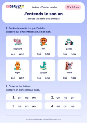 Repérer an dans éléphant, panda et serpent au CP — aperçu de la fiche à imprimer