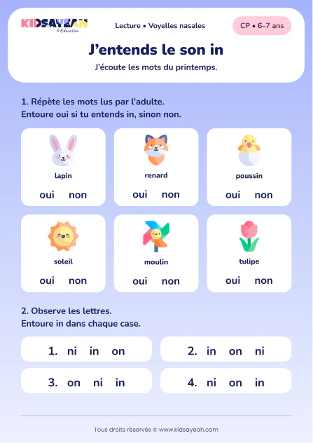 Repérer in dans lapin, poussin et moulin au CP — aperçu de la fiche à imprimer