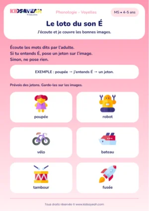 Repérer le son É dans un loto de six jouets en MS — aperçu de la fiche à imprimer