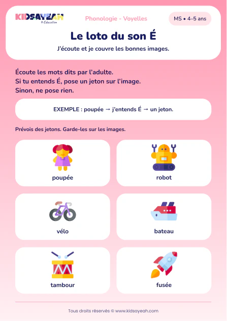 Repérer le son É dans un loto de six jouets en MS — aperçu de la fiche à imprimer