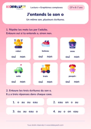 Repérer le son o et les écritures o, au et eau au CP — aperçu de la fiche à imprimer