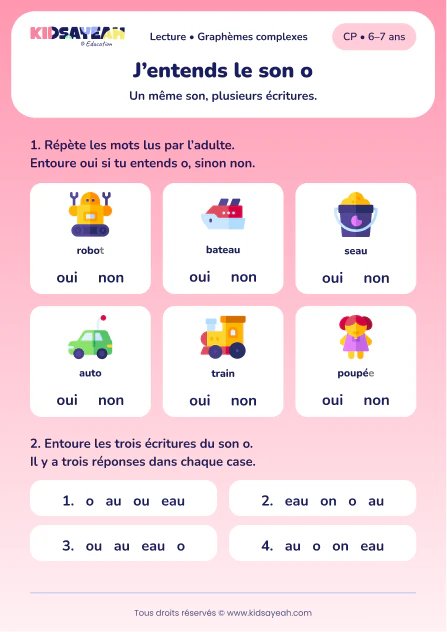 Repérer le son o et les écritures o, au et eau au CP — aperçu de la fiche à imprimer
