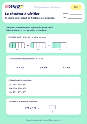 Repérer les erreurs d’addition et de soustraction de fractions au CM1 : aperçu de la fiche Le résultat à vérifier
