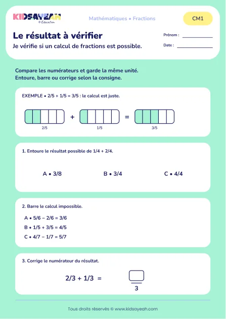 Repérer les erreurs d’addition et de soustraction de fractions au CM1 : aperçu de la fiche Le résultat à vérifier