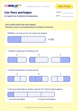 repérer les faux partages de fractions au CE1 - fiche élève