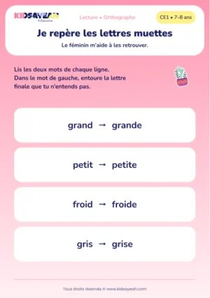 repérer les lettres muettes de grand, petit, froid et gris au CE1 — aperçu de la fiche CE1 à imprimer