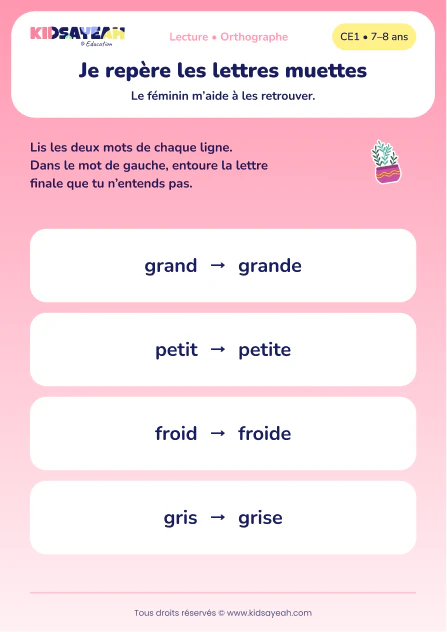 repérer les lettres muettes de grand, petit, froid et gris au CE1 — aperçu de la fiche CE1 à imprimer