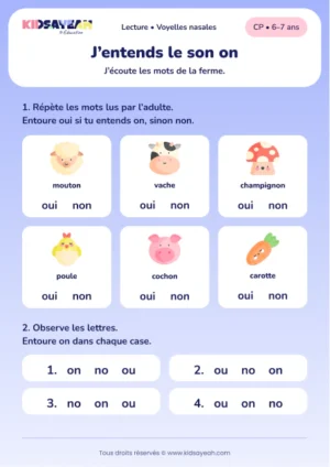 Repérer on dans mouton, champignon et cochon au CP — aperçu de la fiche à imprimer