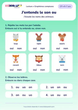 Repérer ou dans loup, souris, hibou et ours au CP — aperçu de la fiche à imprimer
