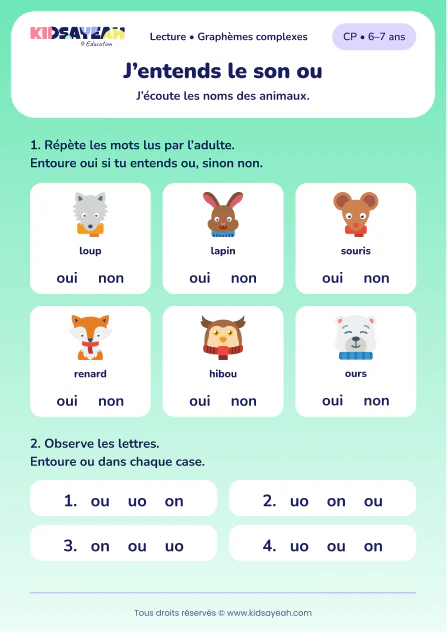 Repérer ou dans loup, souris, hibou et ours au CP — aperçu de la fiche à imprimer