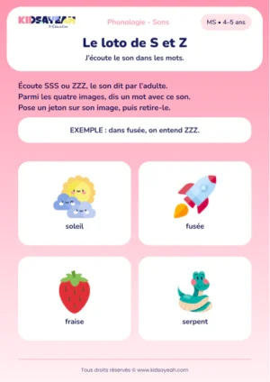 Repérer S et Z dans soleil, fusée, fraise et serpent en MS — aperçu de la fiche à imprimer