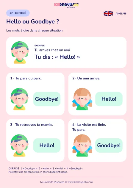 Répondre Hello ou Goodbye dans des situations au CP — corrigé