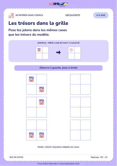Les trésors dans la grille – reproduire des positions dans une grille 4–5 ans