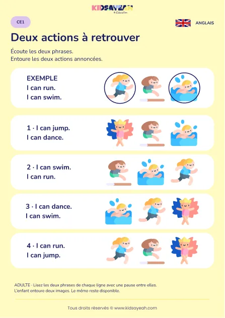 Retenir deux actions annoncées avec I can au CE1 — fiche enfant