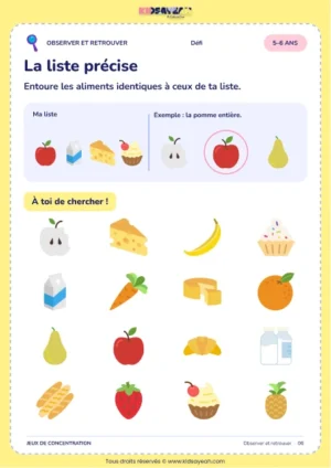 Retrouver les aliments identiques à une liste parmi seize images — La liste précise, jeu 5–6 ans