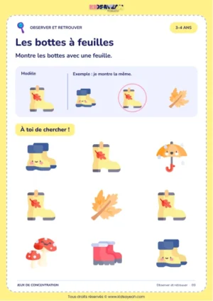 Retrouver les bottes avec une feuille parmi neuf images — jeu d’observation sans crayon pour les 3–4 ans