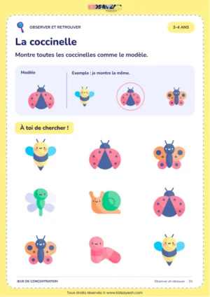 Retrouver les coccinelles identiques au modèle parmi neuf images — jeu d’observation pour les 3–4 ans
